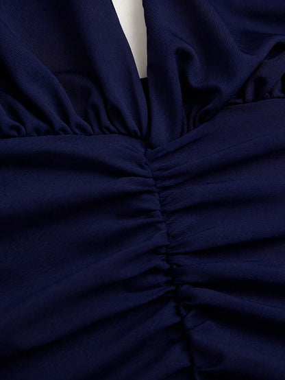 Franclia Elegant Fitted Sexy Deep V-Neck Halter High Slit High Stretch Indigo Blue Dress, Formal Party Gown, New Year Dress
