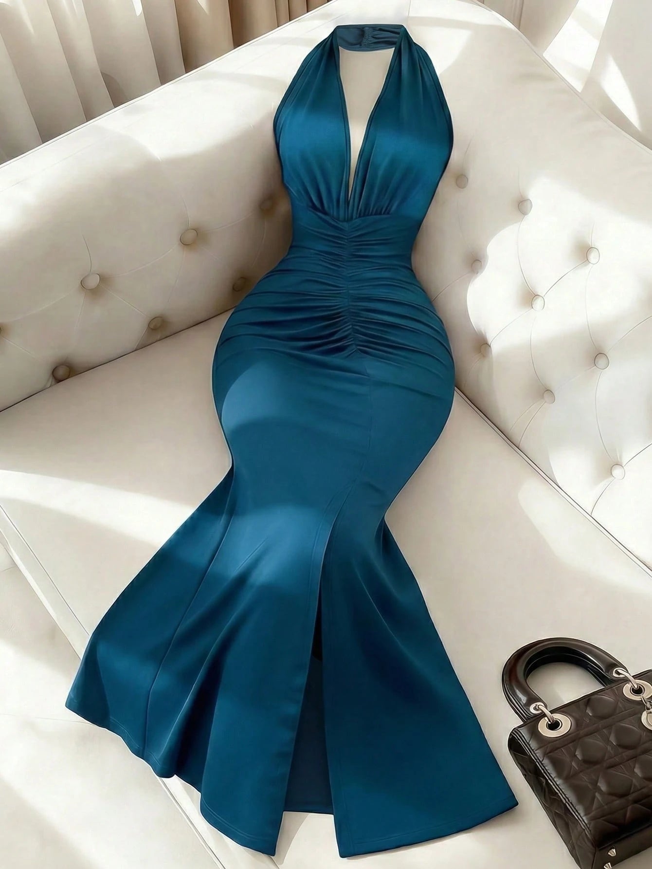 Franclia Elegant Fitted Sexy Deep V-Neck Halter High Slit High Stretch Indigo Blue Dress, Formal Party Gown, New Year Dress