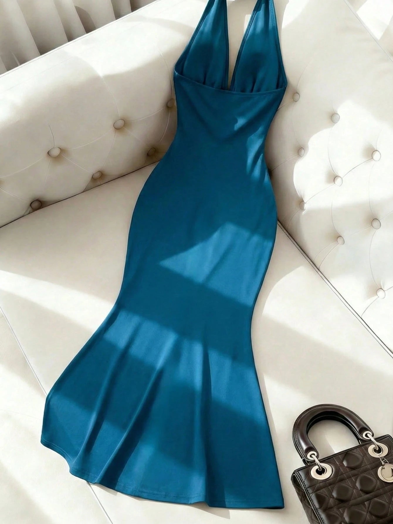Franclia Elegant Fitted Sexy Deep V-Neck Halter High Slit High Stretch Indigo Blue Dress, Formal Party Gown, New Year Dress