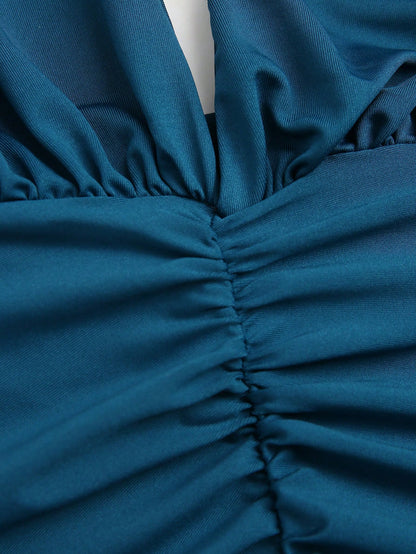 Franclia Elegant Fitted Sexy Deep V-Neck Halter High Slit High Stretch Indigo Blue Dress, Formal Party Gown, New Year Dress