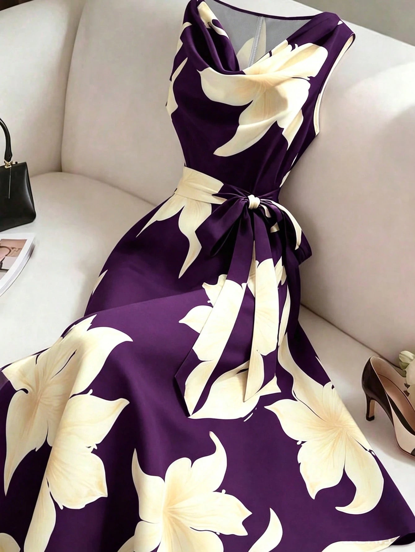 Franclia Women's Cowl Neck Sleeveless Tie-Up Dress, Women's Vacation Dress, Women's Black Dress