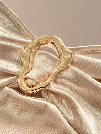 Franclia Women's Elegant Champagne Gold Satin Dress Summer Halter Neck Ruched Bodycon Dress,Night Out Birthday Wedding Guest Fitted Short Pleated Y2k Dress