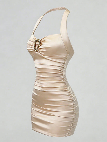 Franclia Women's Elegant Champagne Gold Satin Dress Summer Halter Neck Ruched Bodycon Dress,Night Out Birthday Wedding Guest Fitted Short Pleated Y2k Dress