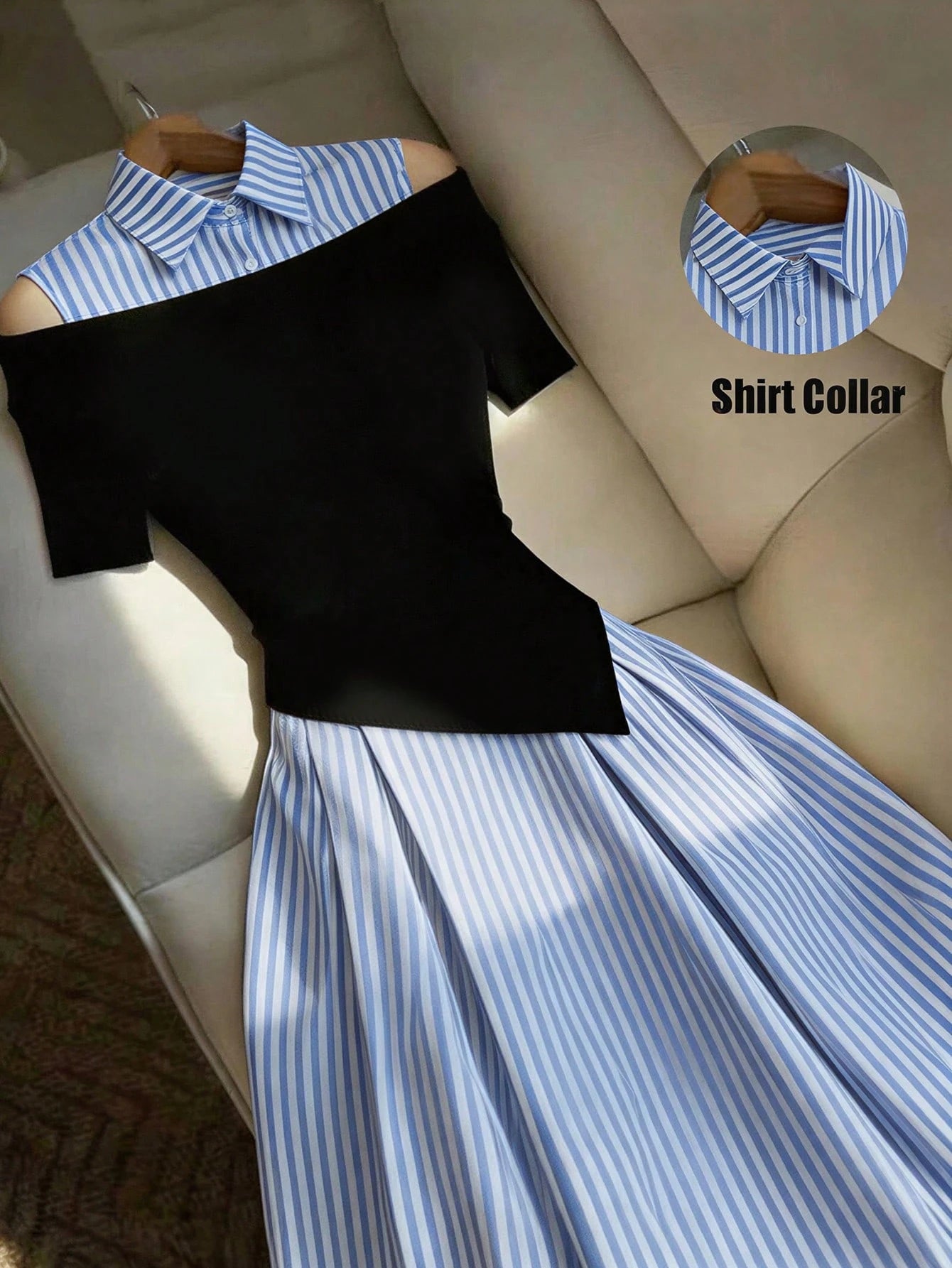 Franclia Women's Summer New Blue & White Striped Patchwork Black Skin-Feel Fabric Dress, Comfortable Striped + Stretchy Knit Cutout Shoulder 2 In 1 Dress