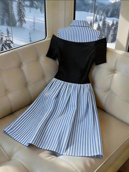 Franclia Women's Summer New Blue & White Striped Patchwork Black Skin-Feel Fabric Dress, Comfortable Striped + Stretchy Knit Cutout Shoulder 2 In 1 Dress