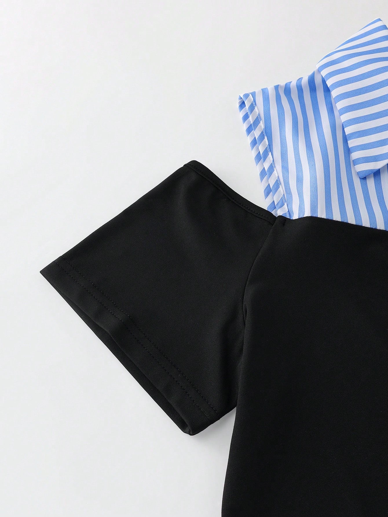 Franclia Women's Summer New Blue & White Striped Patchwork Black Skin-Feel Fabric Dress, Comfortable Striped + Stretchy Knit Cutout Shoulder 2 In 1 Dress