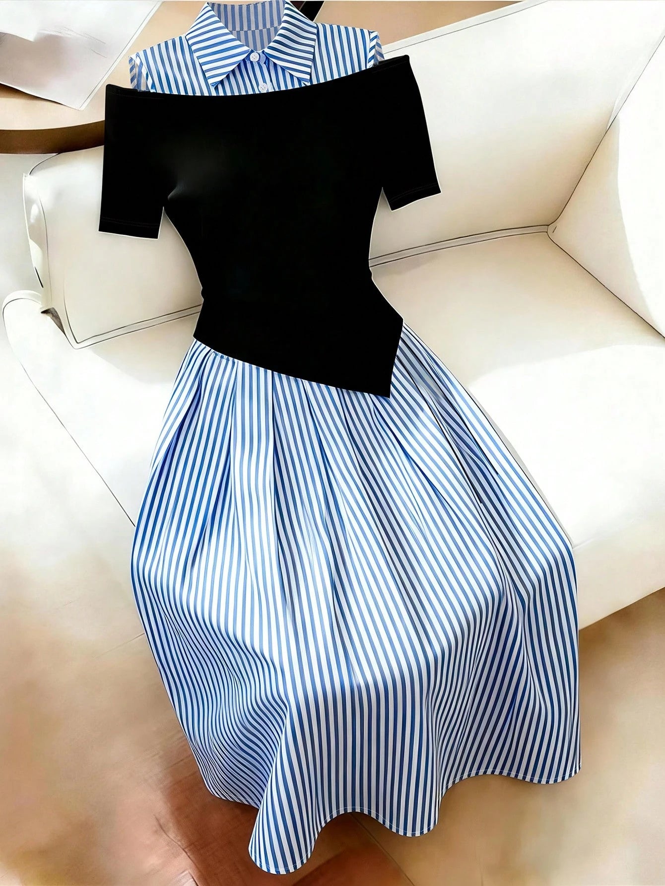 Franclia Women's Summer New Blue & White Striped Patchwork Black Skin-Feel Fabric Dress, Comfortable Striped + Stretchy Knit Cutout Shoulder 2 In 1 Dress