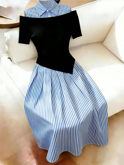 Franclia Women's Summer New Blue & White Striped Patchwork Black Skin-Feel Fabric Dress, Comfortable Striped + Stretchy Knit Cutout Shoulder 2 In 1 Dress