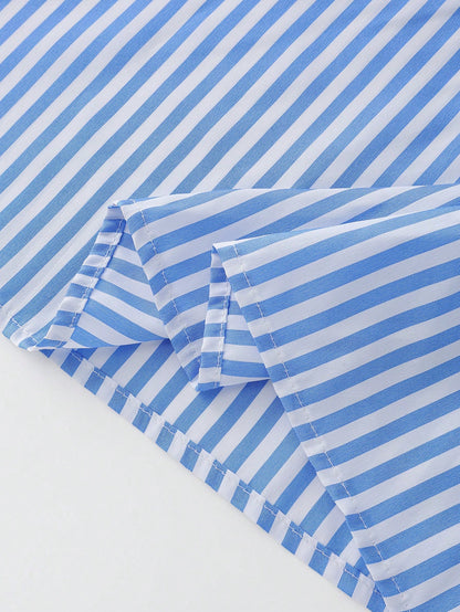 Franclia Women's Summer New Blue & White Striped Patchwork Black Skin-Feel Fabric Dress, Comfortable Striped + Stretchy Knit Cutout Shoulder 2 In 1 Dress
