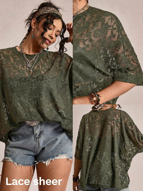 Freevana Plus Size Sheer Lace Casual T-Shirt Top Lace Blouse For Women Lace Shirts For Women Casual Tops For Women Elegant Blouse For Women Casual Elegant Latest Tops For Women Women's Lace Tops Women