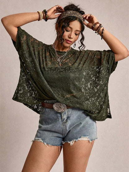 Freevana Plus Size Sheer Lace Casual T-Shirt Top Lace Blouse For Women Lace Shirts For Women Casual Tops For Women Elegant Blouse For Women Casual Elegant Latest Tops For Women Women's Lace Tops Women