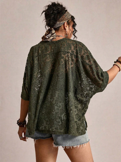Freevana Plus Size Sheer Lace Casual T-Shirt Top Lace Blouse For Women Lace Shirts For Women Casual Tops For Women Elegant Blouse For Women Casual Elegant Latest Tops For Women Women's Lace Tops Women