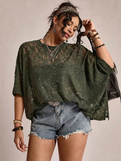 Freevana Plus Size Sheer Lace Casual T-Shirt Top Lace Blouse For Women Lace Shirts For Women Casual Tops For Women Elegant Blouse For Women Casual Elegant Latest Tops For Women Women's Lace Tops Women