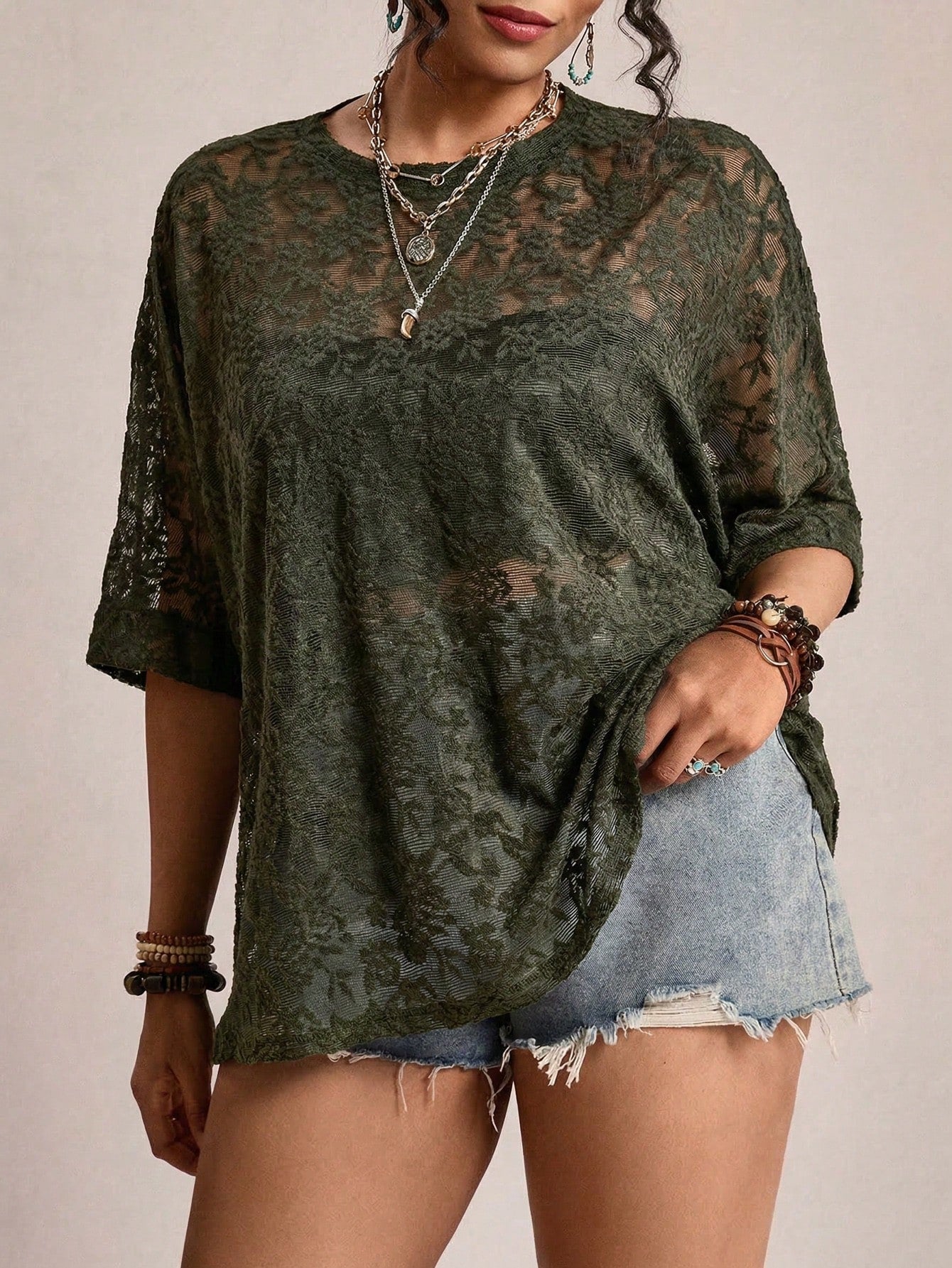 Freevana Plus Size Sheer Lace Casual T-Shirt Top Lace Blouse For Women Lace Shirts For Women Casual Tops For Women Elegant Blouse For Women Casual Elegant Latest Tops For Women Women's Lace Tops Women