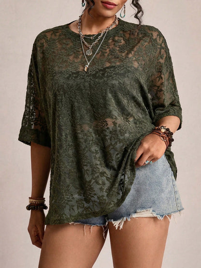 Freevana Plus Size Sheer Lace Casual T-Shirt Top Lace Blouse For Women Lace Shirts For Women Casual Tops For Women Elegant Blouse For Women Casual Elegant Latest Tops For Women Women's Lace Tops Women