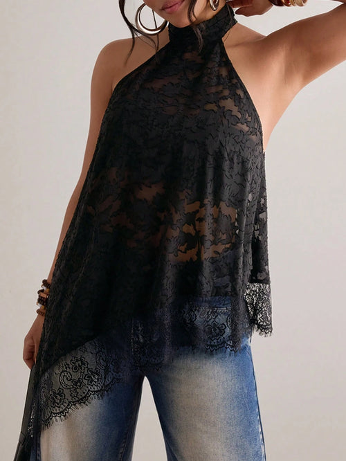 Freevana Plus Size Women's Spaghetti Strap Camisole,Black Textured Lace Sheer Loose Asymmetric Design Sleeveless Top,Elegant,Summer,Halter Top,Festivals