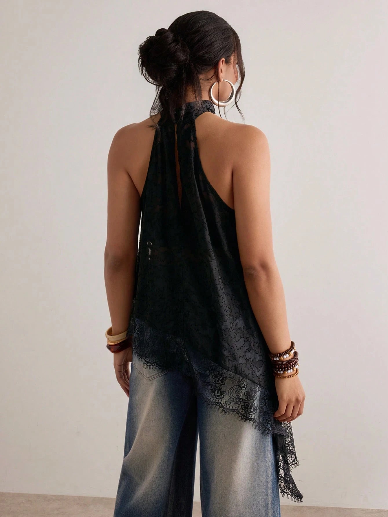 Freevana Plus Size Women's Spaghetti Strap Camisole,Black Textured Lace Sheer Loose Asymmetric Design Sleeveless Top,Elegant,Summer,Halter Top,Festivals