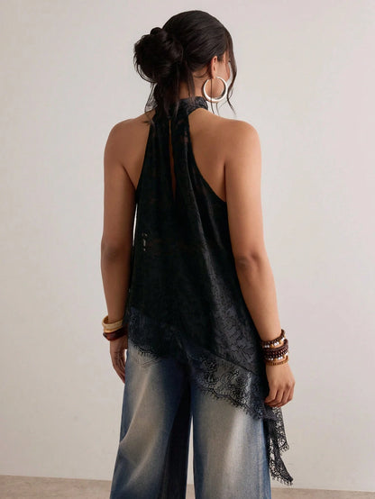 Freevana Plus Size Women's Spaghetti Strap Camisole,Black Textured Lace Sheer Loose Asymmetric Design Sleeveless Top,Elegant,Summer,Halter Top,Festivals