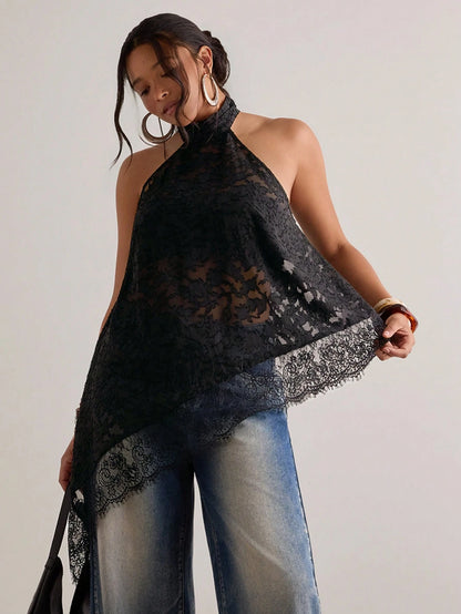 Freevana Plus Size Women's Spaghetti Strap Camisole,Black Textured Lace Sheer Loose Asymmetric Design Sleeveless Top,Elegant,Summer,Halter Top,Festivals