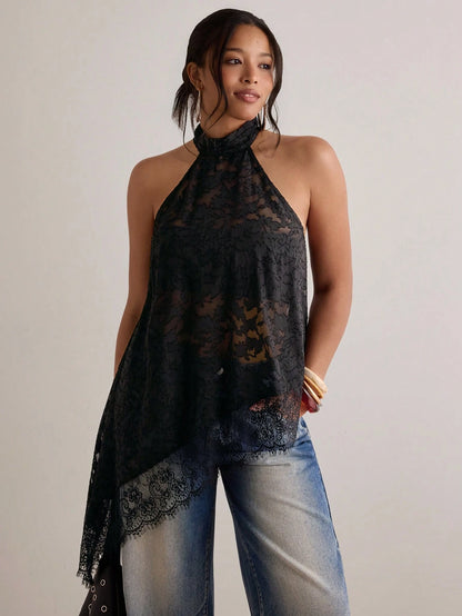 Freevana Plus Size Women's Spaghetti Strap Camisole,Black Textured Lace Sheer Loose Asymmetric Design Sleeveless Top,Elegant,Summer,Halter Top,Festivals