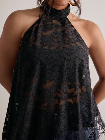 Freevana Plus Size Women's Spaghetti Strap Camisole,Black Textured Lace Sheer Loose Asymmetric Design Sleeveless Top,Elegant,Summer,Halter Top,Festivals