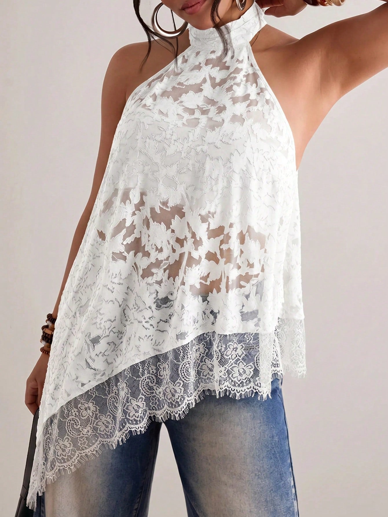 Freevana Plus Size Women's Spaghetti Strap Camisole,Black Textured Lace Sheer Loose Asymmetric Design Sleeveless Top,Elegant,Summer,Halter Top,Festivals