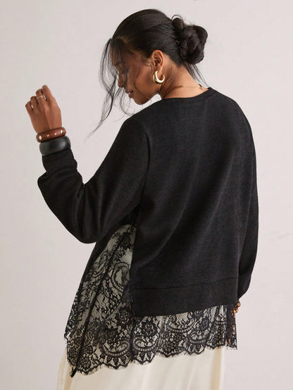 Freevana Women Boho Elegant Black Long Sleeve Sheer Lace Spliced Asymmetrical Hem Knit T-Shirt Pullover Top