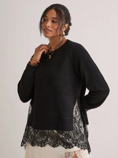 Freevana Women Boho Elegant Black Long Sleeve Sheer Lace Spliced Asymmetrical Hem Knit T-Shirt Pullover Top