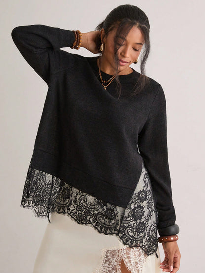 Freevana Women Boho Elegant Black Long Sleeve Sheer Lace Spliced Asymmetrical Hem Knit T-Shirt Pullover Top