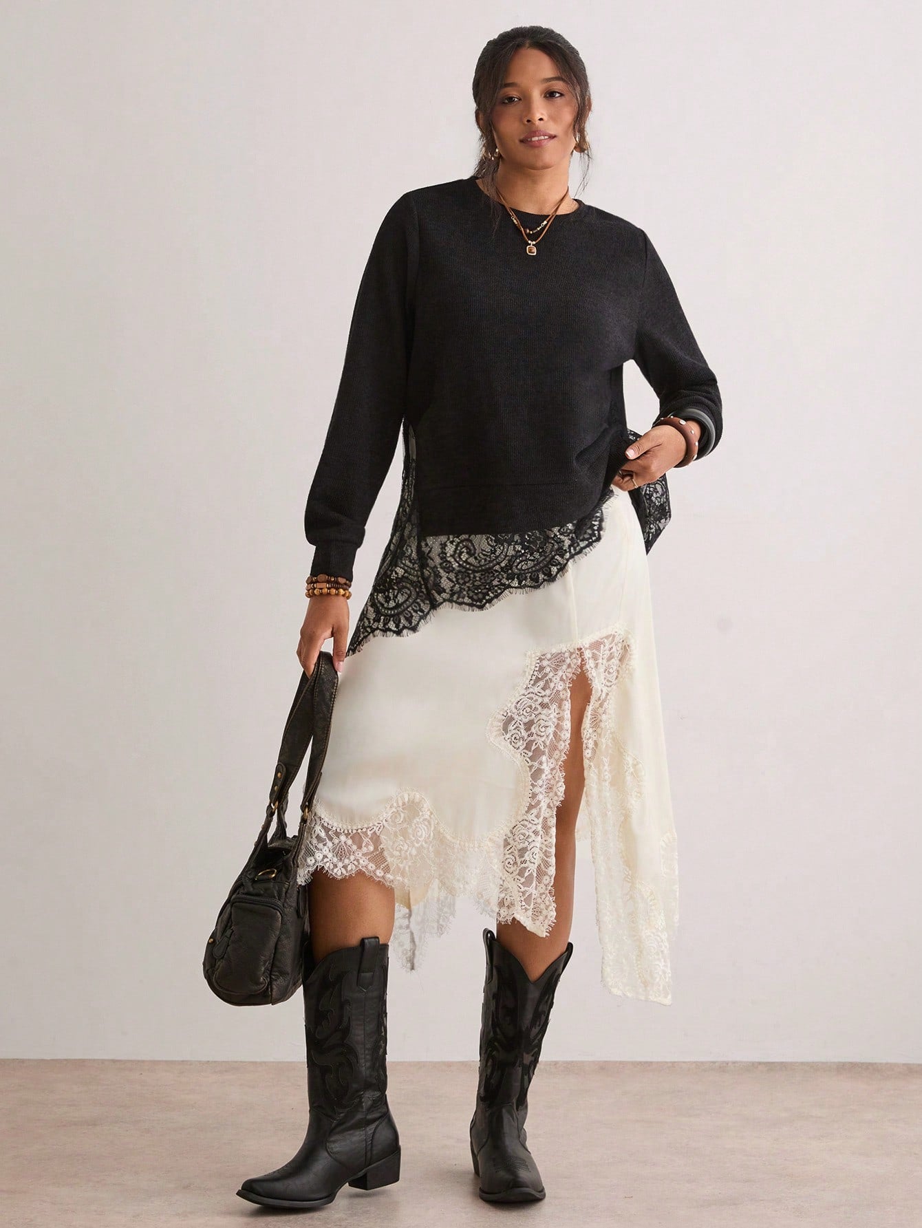 Freevana Women Boho Elegant Black Long Sleeve Sheer Lace Spliced Asymmetrical Hem Knit T-Shirt Pullover Top