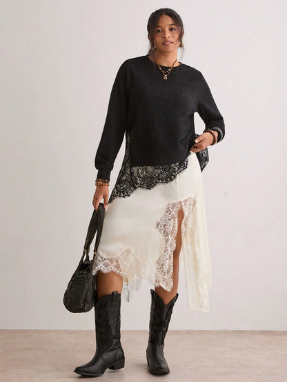 Freevana Women Boho Elegant Black Long Sleeve Sheer Lace Spliced Asymmetrical Hem Knit T-Shirt Pullover Top