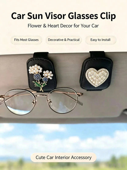 French Pearl Flower Heart Car Fashion Glasses Clip, Rhinestone Leather Sun Visor Universal Fashion Glasses Card Holder Clip, Women's Car Decor, Black Litchi Grain Leather Sun Visor Fashion Glasses Tic