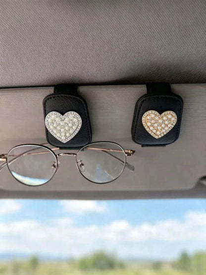 French Pearl Flower Heart Car Fashion Glasses Clip, Rhinestone Leather Sun Visor Universal Fashion Glasses Card Holder Clip, Women's Car Decor, Black Litchi Grain Leather Sun Visor Fashion Glasses Tic