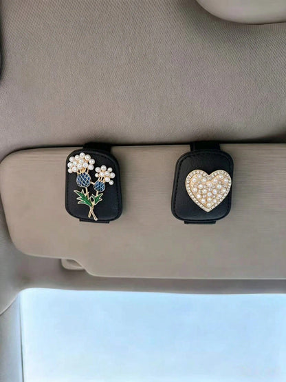 French Pearl Flower Heart Car Fashion Glasses Clip, Rhinestone Leather Sun Visor Universal Fashion Glasses Card Holder Clip, Women's Car Decor, Black Litchi Grain Leather Sun Visor Fashion Glasses Tic