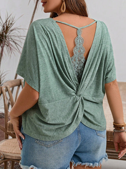 Frenchy Plus Size Women's Summer Back Twist Contrast Lace V-Neck Batwing Sleeve Casual T-Shirt