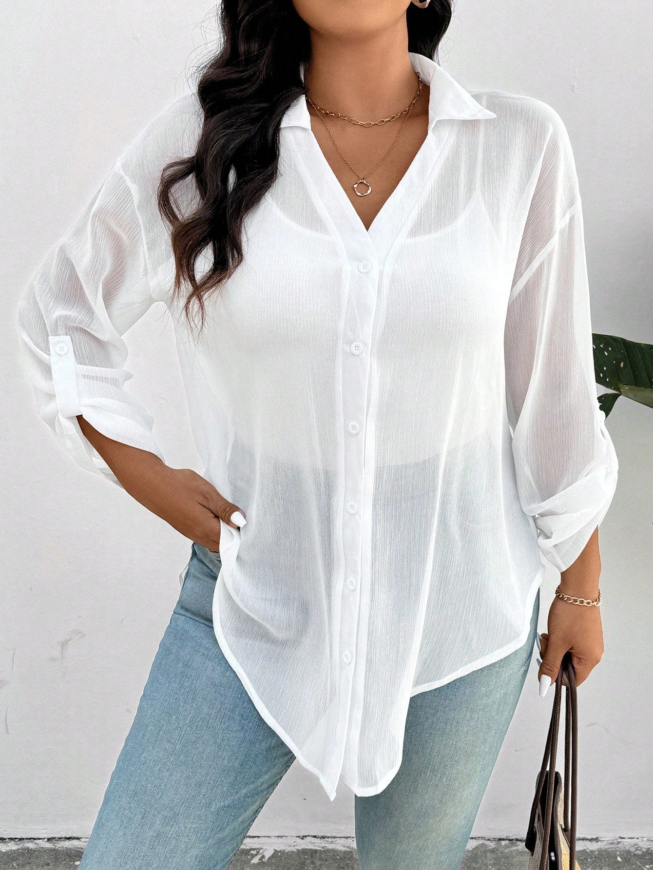 Frenchy Plus Size Women's White Chiffon Blouse, Fashion Loose Fit Semi-Sheer Casual Eleganza 70s Daily Shirt, 2025 Spring/Summer New Arrival Vacation Party