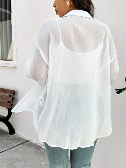 Frenchy Plus Size Women's White Chiffon Blouse, Fashion Loose Fit Semi-Sheer Casual Eleganza 70s Daily Shirt, 2025 Spring/Summer New Arrival Vacation Party