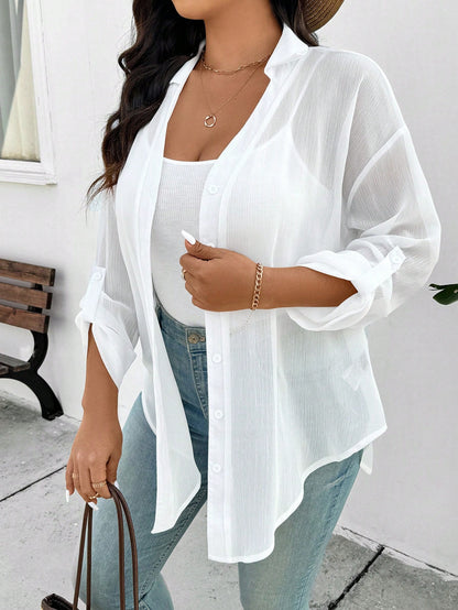 Frenchy Plus Size Women's White Chiffon Blouse, Fashion Loose Fit Semi-Sheer Casual Eleganza 70s Daily Shirt, 2025 Spring/Summer New Arrival Vacation Party