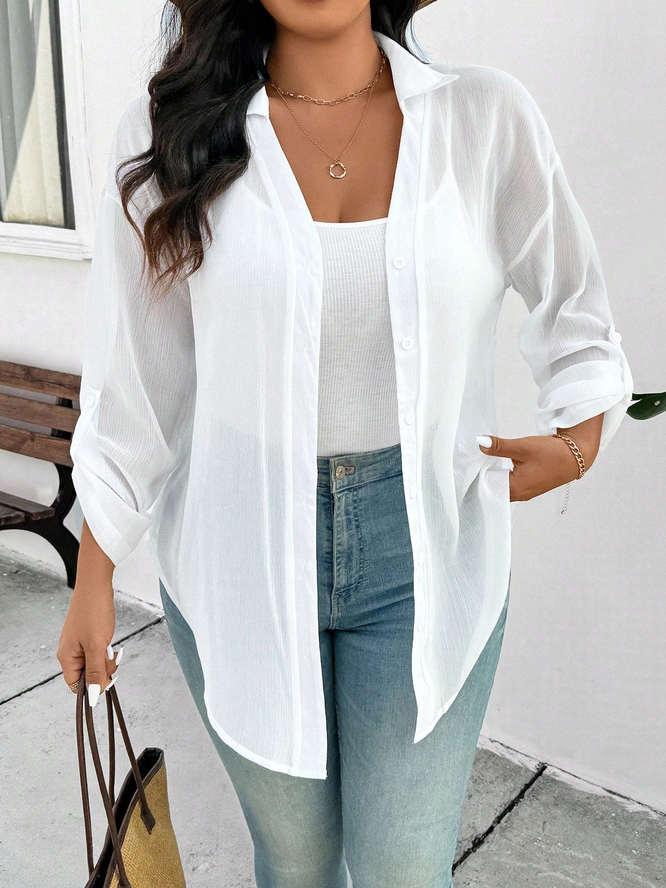 Frenchy Plus Size Women's White Chiffon Blouse, Fashion Loose Fit Semi-Sheer Casual Eleganza 70s Daily Shirt, 2025 Spring/Summer New Arrival Vacation Party