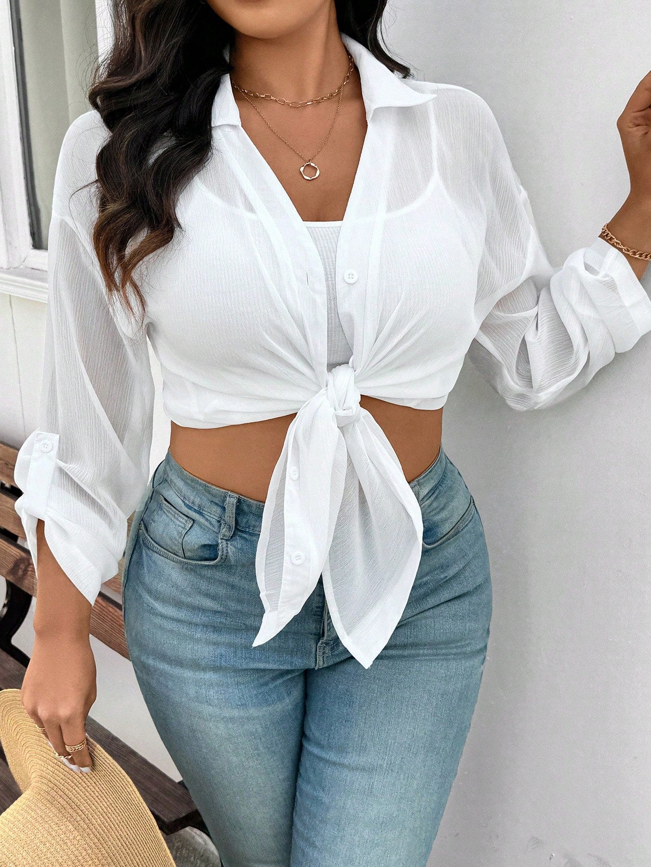 Frenchy Plus Size Women's White Chiffon Blouse, Fashion Loose Fit Semi-Sheer Casual Eleganza 70s Daily Shirt, 2025 Spring/Summer New Arrival Vacation Party