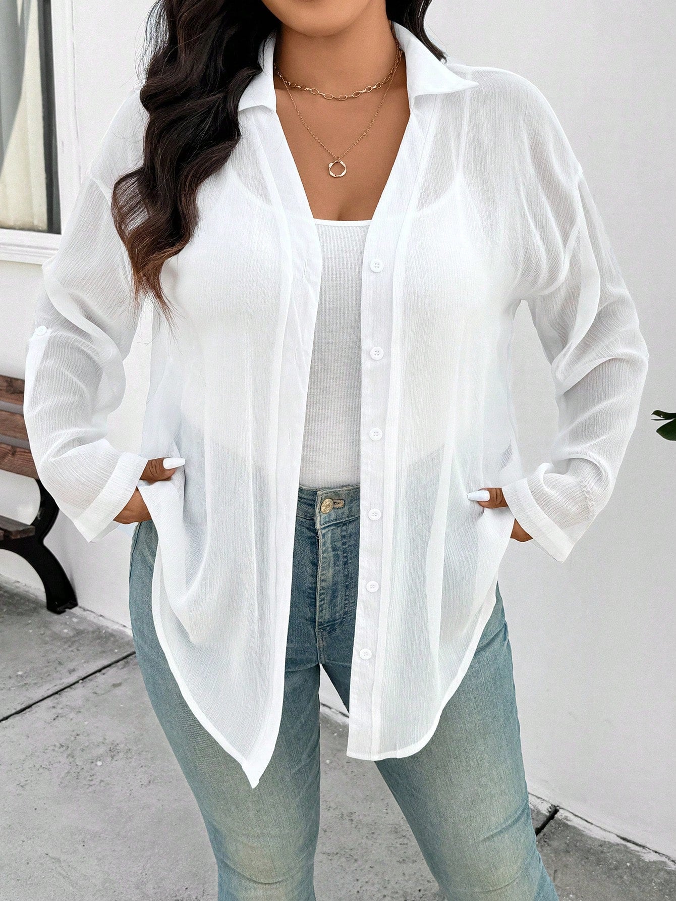 Frenchy Plus Size Women's White Chiffon Blouse, Fashion Loose Fit Semi-Sheer Casual Eleganza 70s Daily Shirt, 2025 Spring/Summer New Arrival Vacation Party