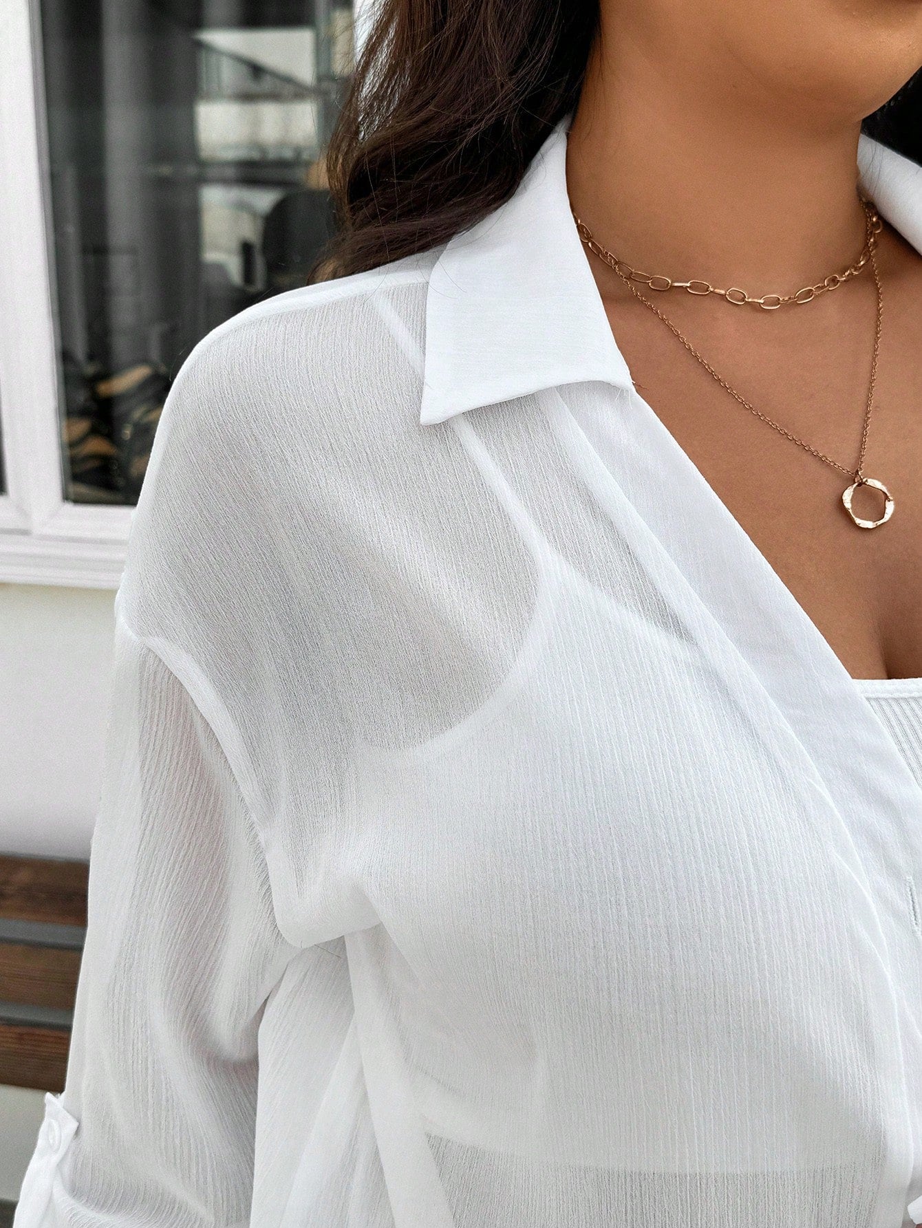 Frenchy Plus Size Women's White Chiffon Blouse, Fashion Loose Fit Semi-Sheer Casual Eleganza 70s Daily Shirt, 2025 Spring/Summer New Arrival Vacation Party