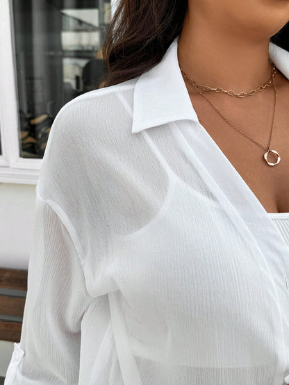 Frenchy Plus Size Women's White Chiffon Blouse, Fashion Loose Fit Semi-Sheer Casual Eleganza 70s Daily Shirt, 2025 Spring/Summer New Arrival Vacation Party