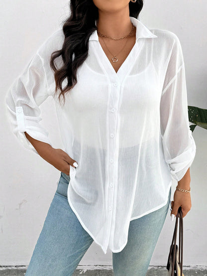 Frenchy Plus Size Women's White Chiffon Blouse, Fashion Loose Fit Semi-Sheer Casual Eleganza 70s Daily Shirt, 2025 Spring/Summer New Arrival Vacation Party
