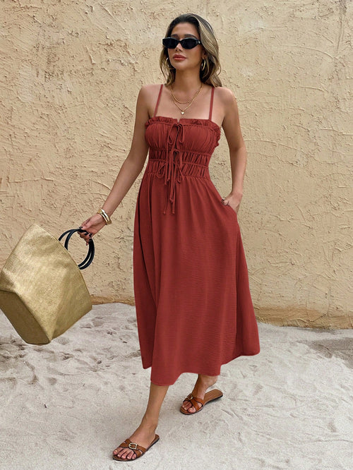 Frenchy Women's Solid Color Spaghetti Strap Ruched Tie Waist Mid-Calf Dress,Rust Brown,Summer,Boho,Holiday,Vacation,Holiday Beach Valentine's Day Resort Wear