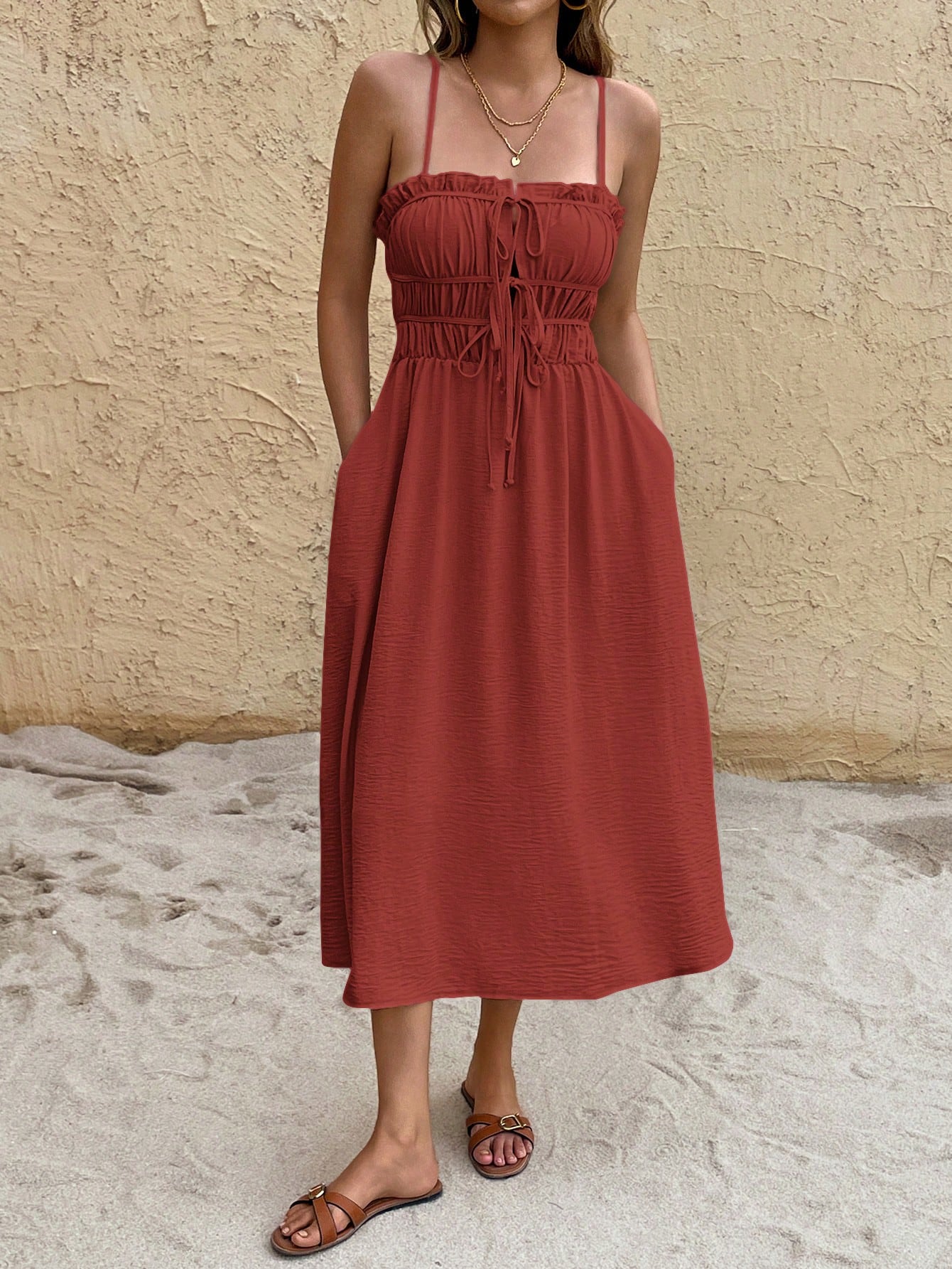 Frenchy Women's Solid Color Spaghetti Strap Ruched Tie Waist Mid-Calf Dress,Rust Brown,Summer,Boho,Holiday,Vacation,Holiday Beach Valentine's Day Resort Wear