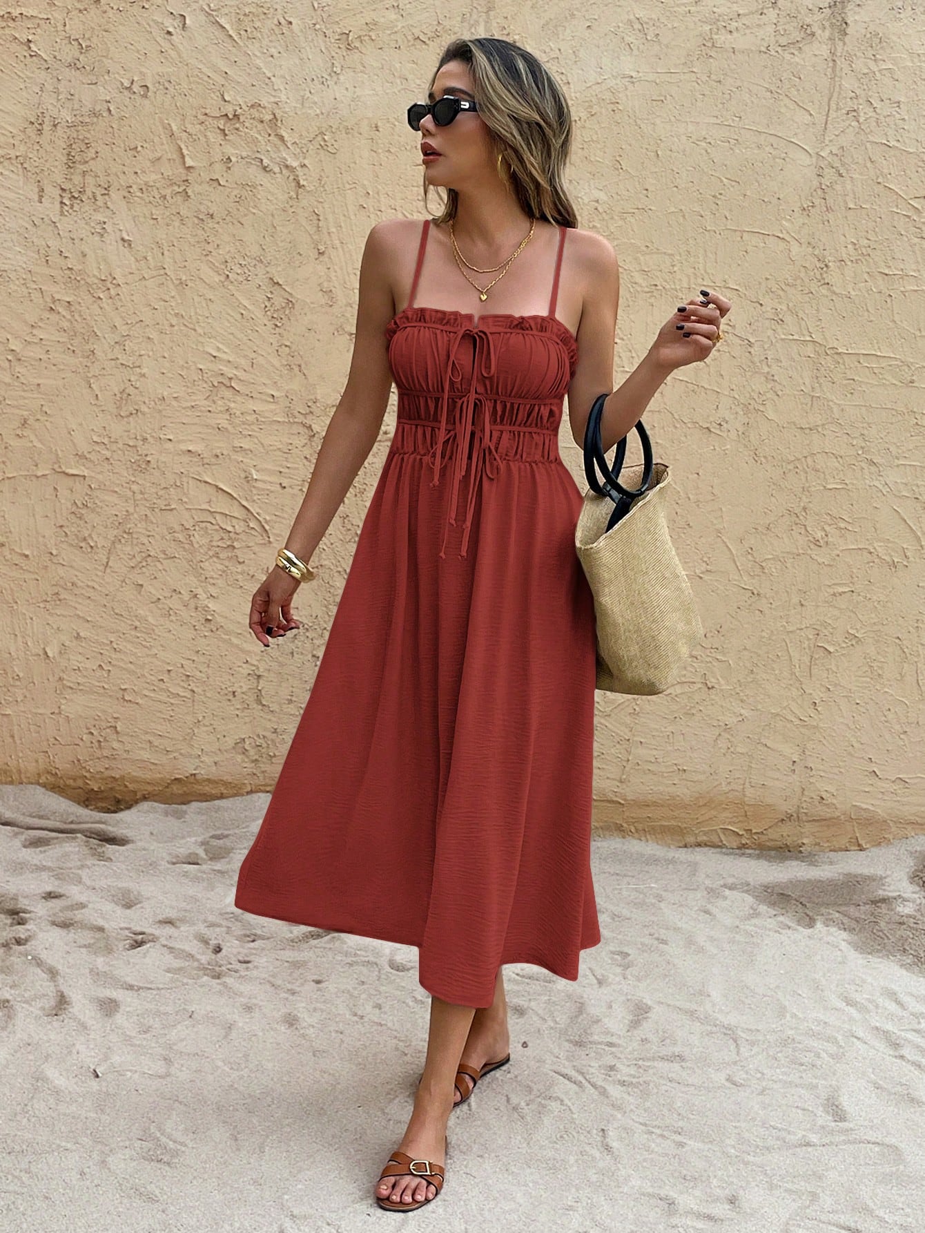Frenchy Women's Solid Color Spaghetti Strap Ruched Tie Waist Mid-Calf Dress,Rust Brown,Summer,Boho,Holiday,Vacation,Holiday Beach Valentine's Day Resort Wear