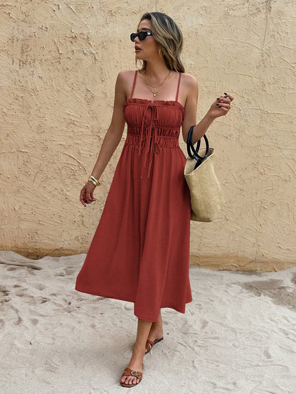 Frenchy Women's Solid Color Spaghetti Strap Ruched Tie Waist Mid-Calf Dress,Rust Brown,Summer,Boho,Holiday,Vacation,Holiday Beach Valentine's Day Resort Wear