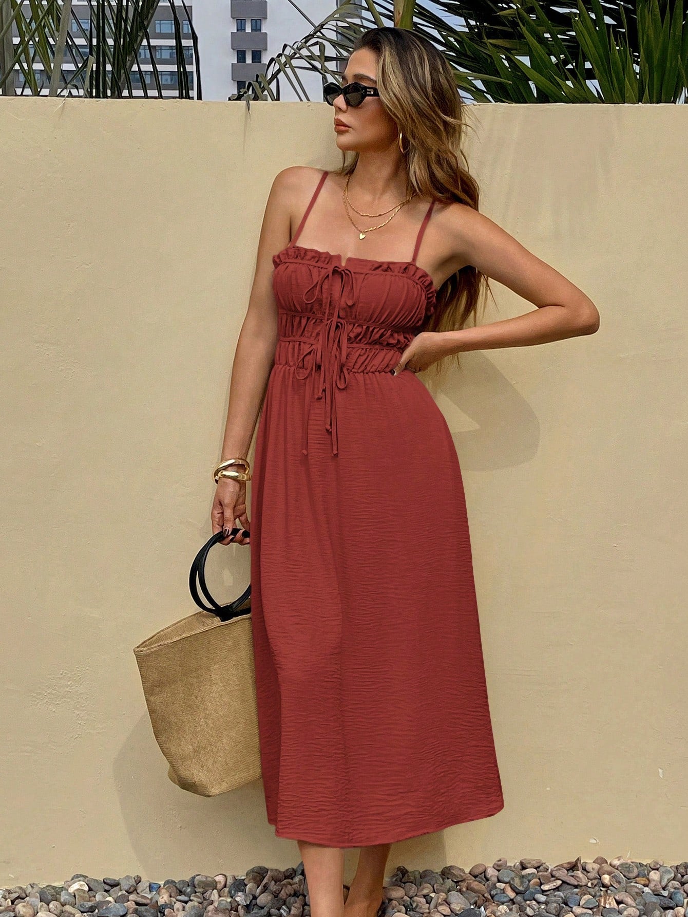 Frenchy Women's Solid Color Spaghetti Strap Ruched Tie Waist Mid-Calf Dress,Rust Brown,Summer,Boho,Holiday,Vacation,Holiday Beach Valentine's Day Resort Wear