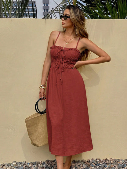 Frenchy Women's Solid Color Spaghetti Strap Ruched Tie Waist Mid-Calf Dress,Rust Brown,Summer,Boho,Holiday,Vacation,Holiday Beach Valentine's Day Resort Wear